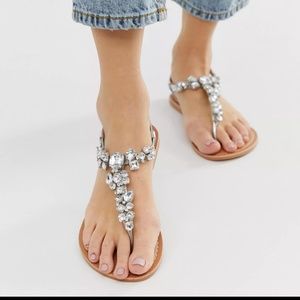 ASOS DESIGN Wide Fit Fairgame leather embellished flat sandals